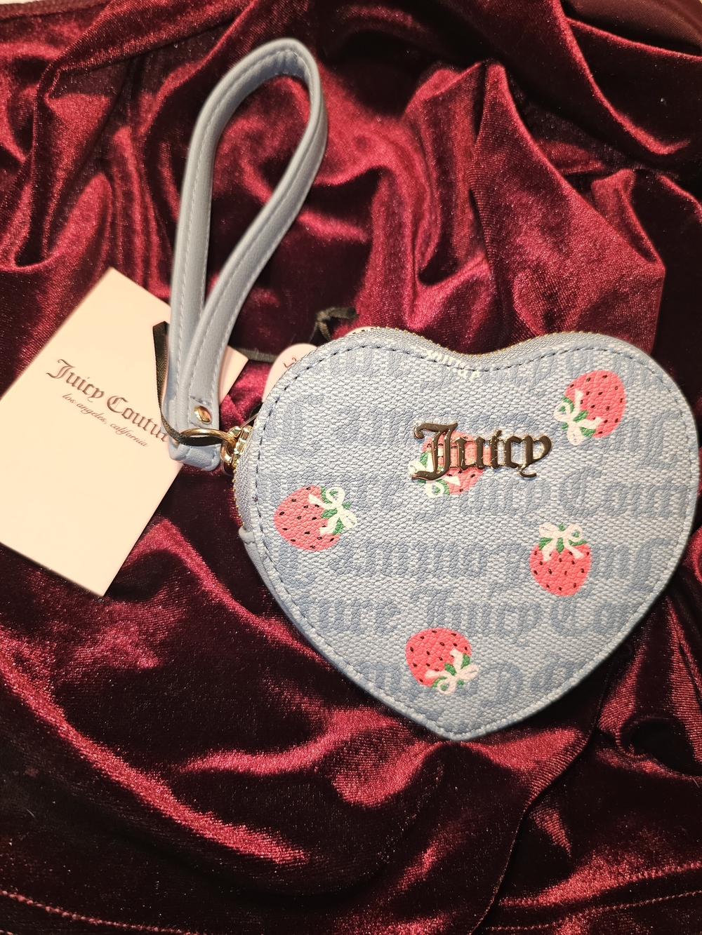 Juicy Couture Denim Heart Strawberry Sweet Wristlet Bag  Bow Charm